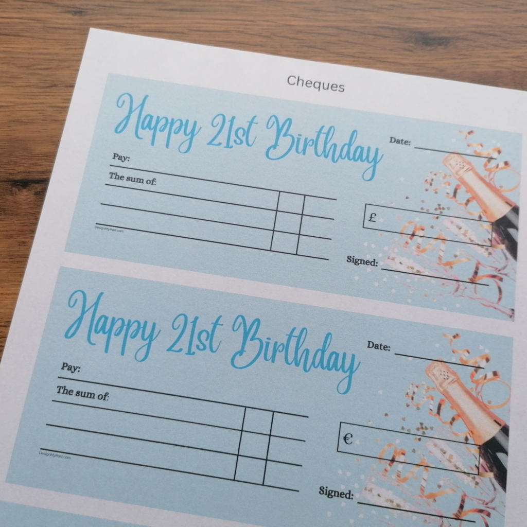 Blank cheque for 21st birthday in blue
