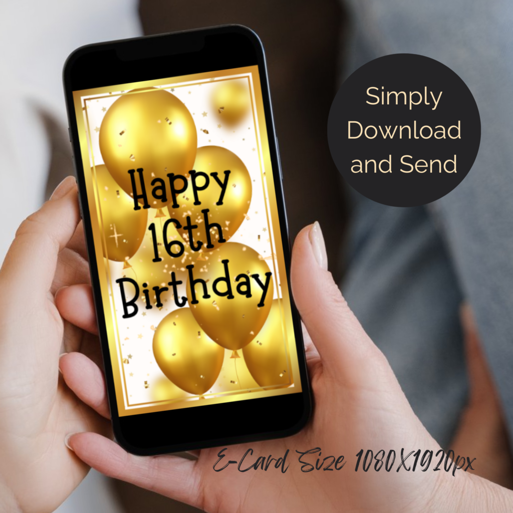 16th Birthday ecard with gold balloons