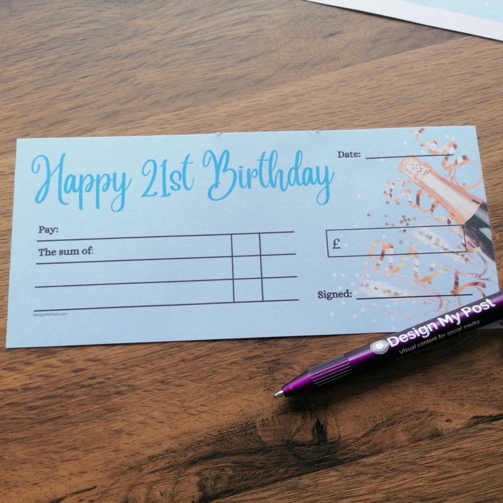 Blank gift cheque for 21st birthday