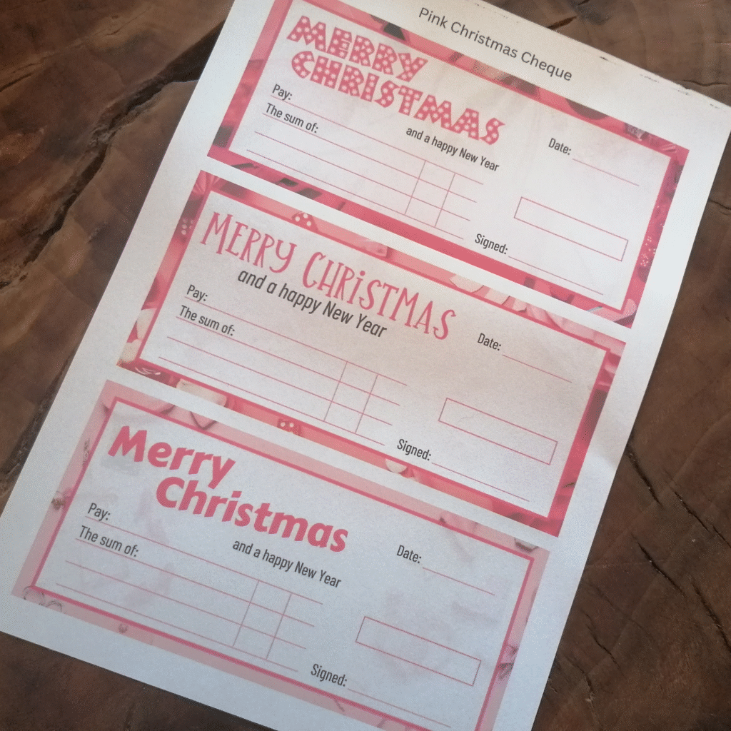 Christmas Gift Cheque in pink