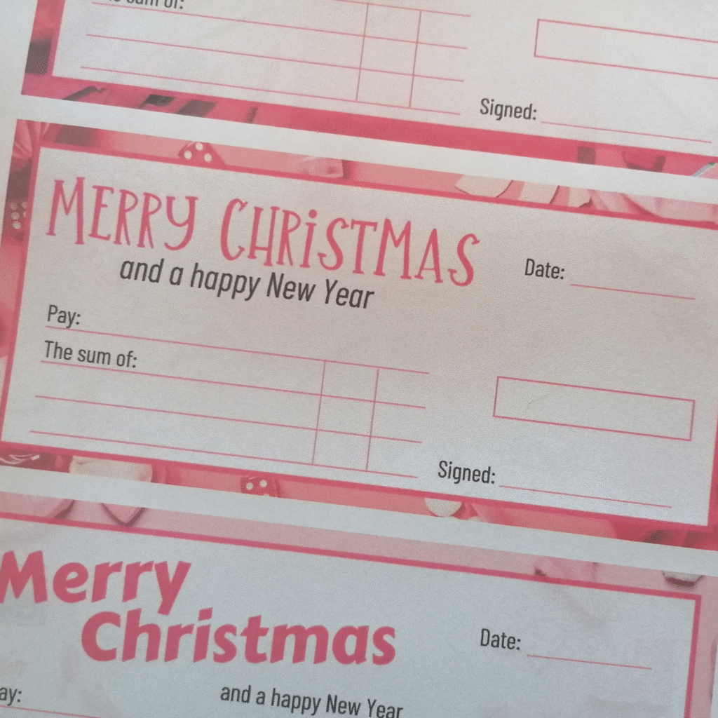 Christmas Gift Cheque in pink