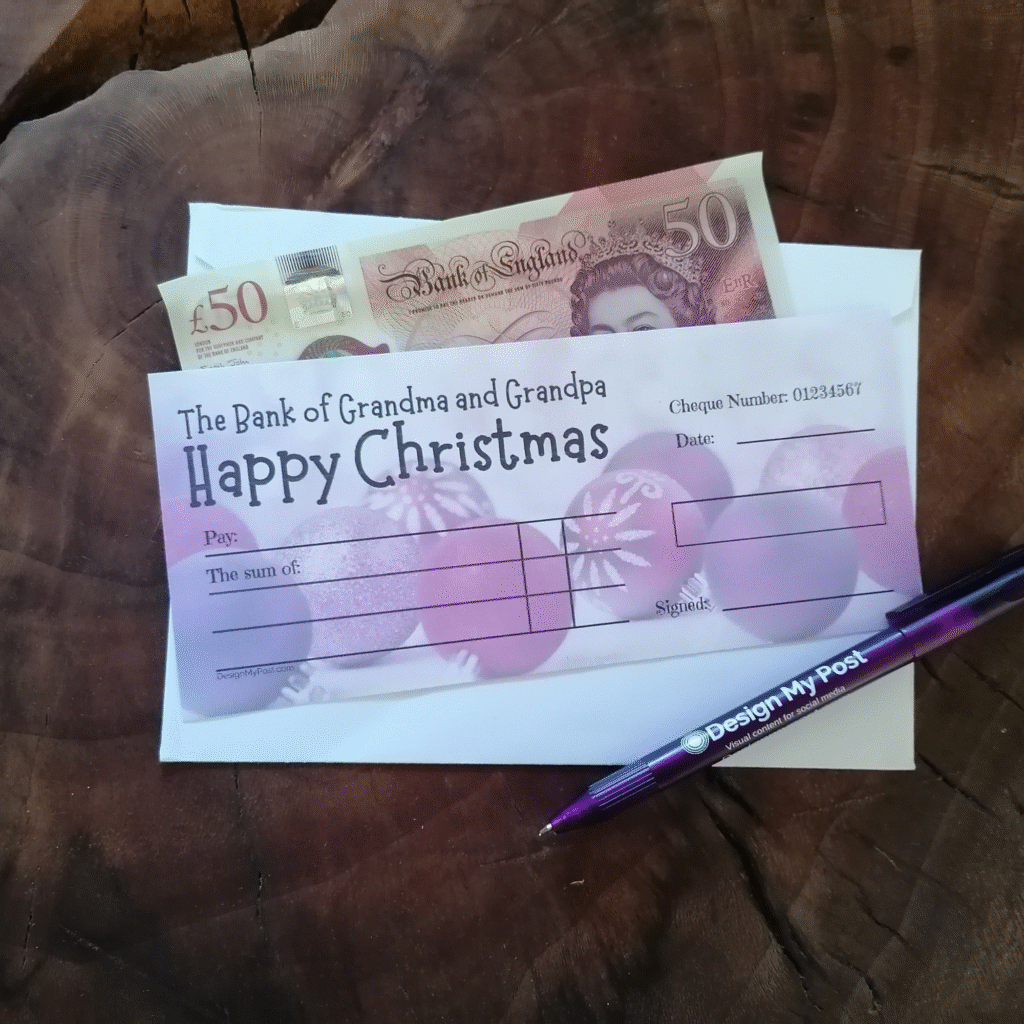 Bank of grandma & grandpa Christmas cheque cheque