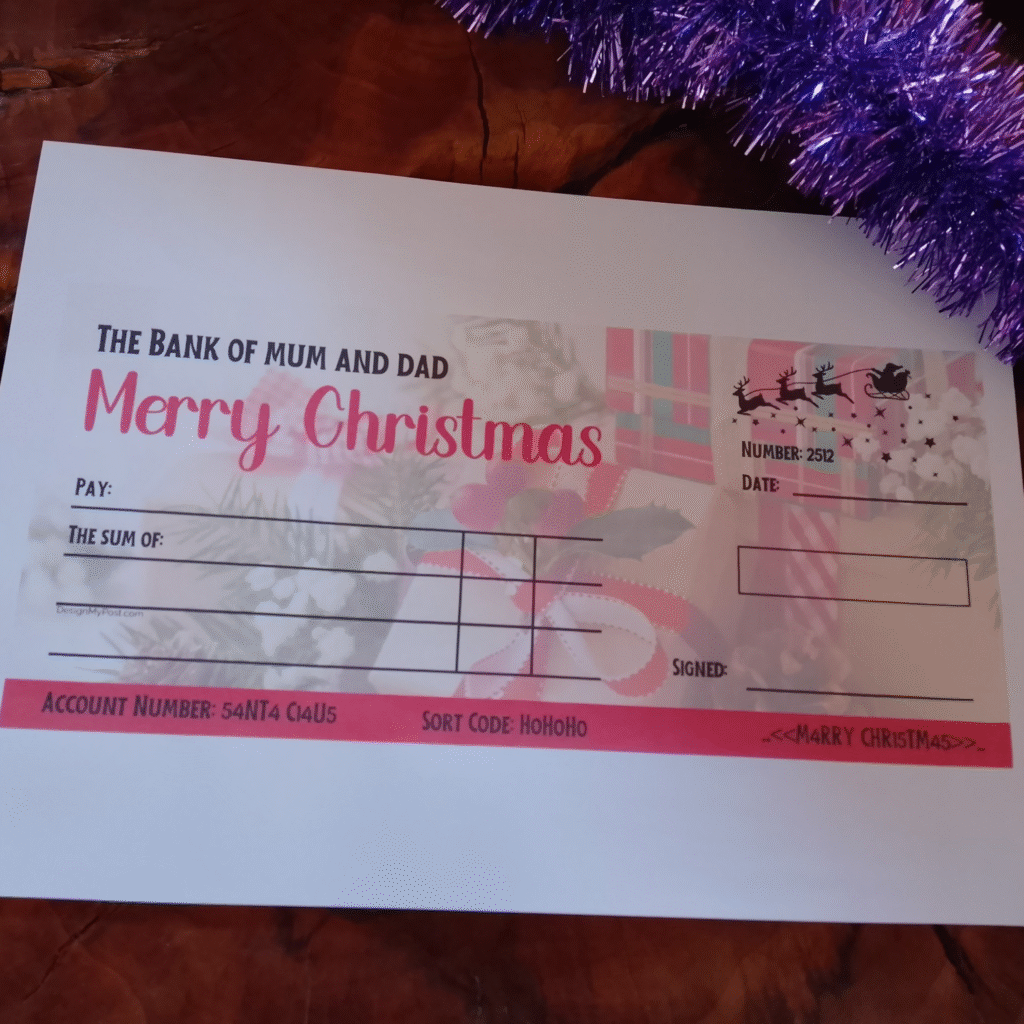 Bank of Mum and Dad Christmas Cheque