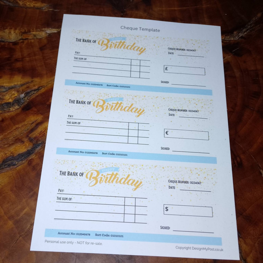 Printable pretend cheque