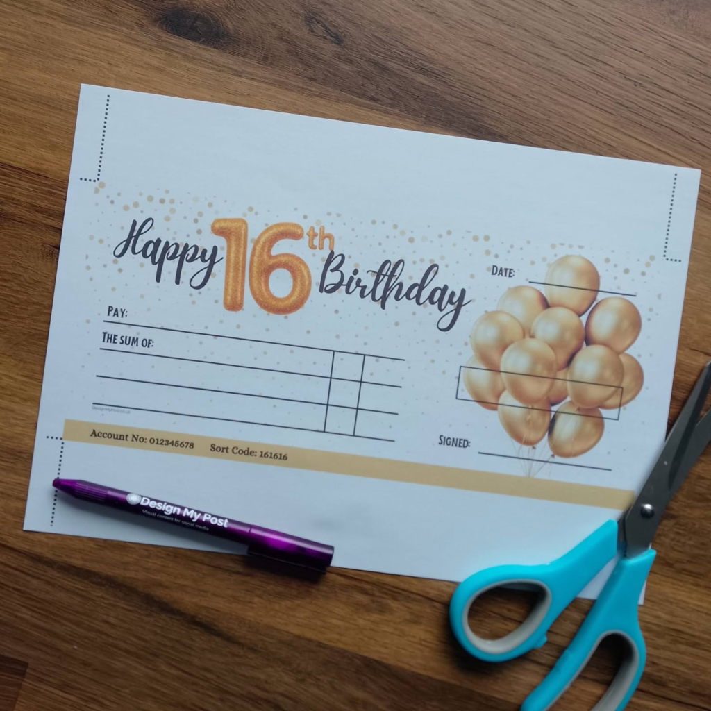 16th birthday gift cheque