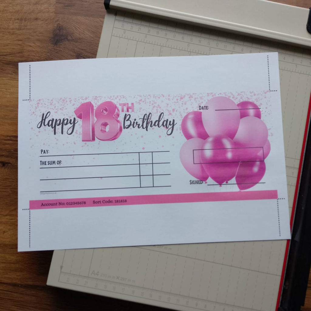 Printable Pink 18th Birthday Cheque