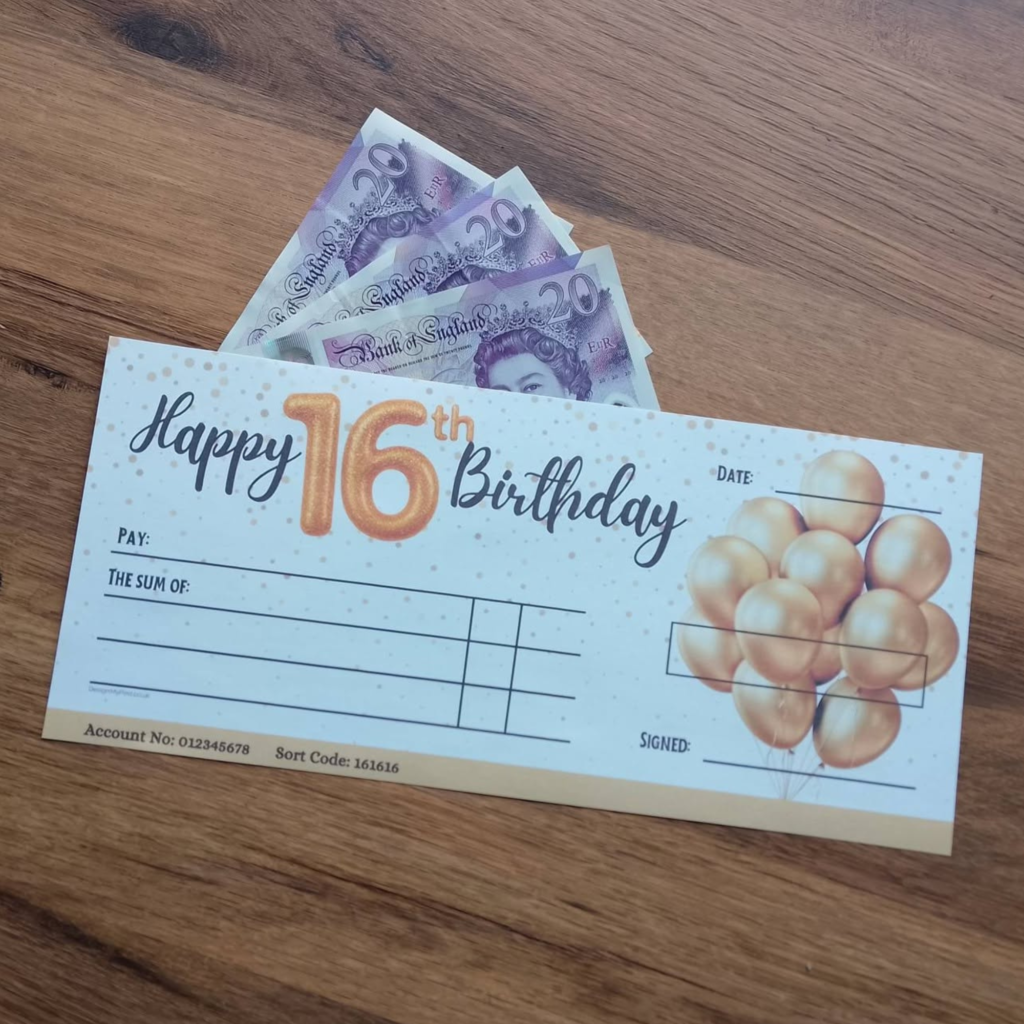 16th Birthday Cheque with gold balloons