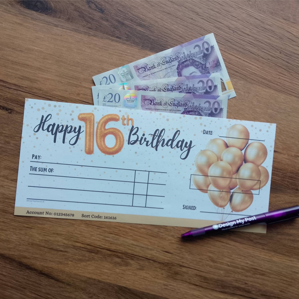 16th Birthday Cheque in gold