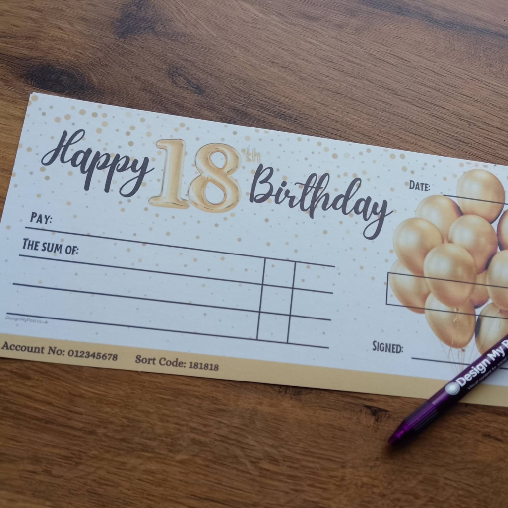 18th Birthday Cheque in gold