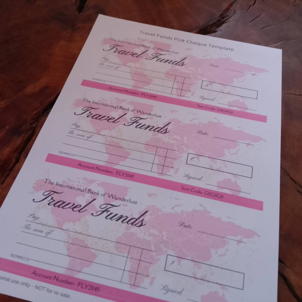 Travel Funds Cheque in pink