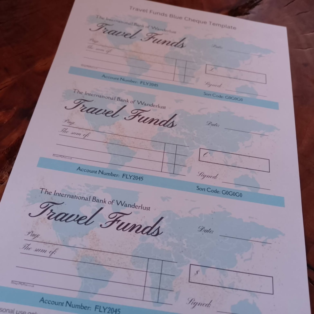 Travel Funds Cheque in blue