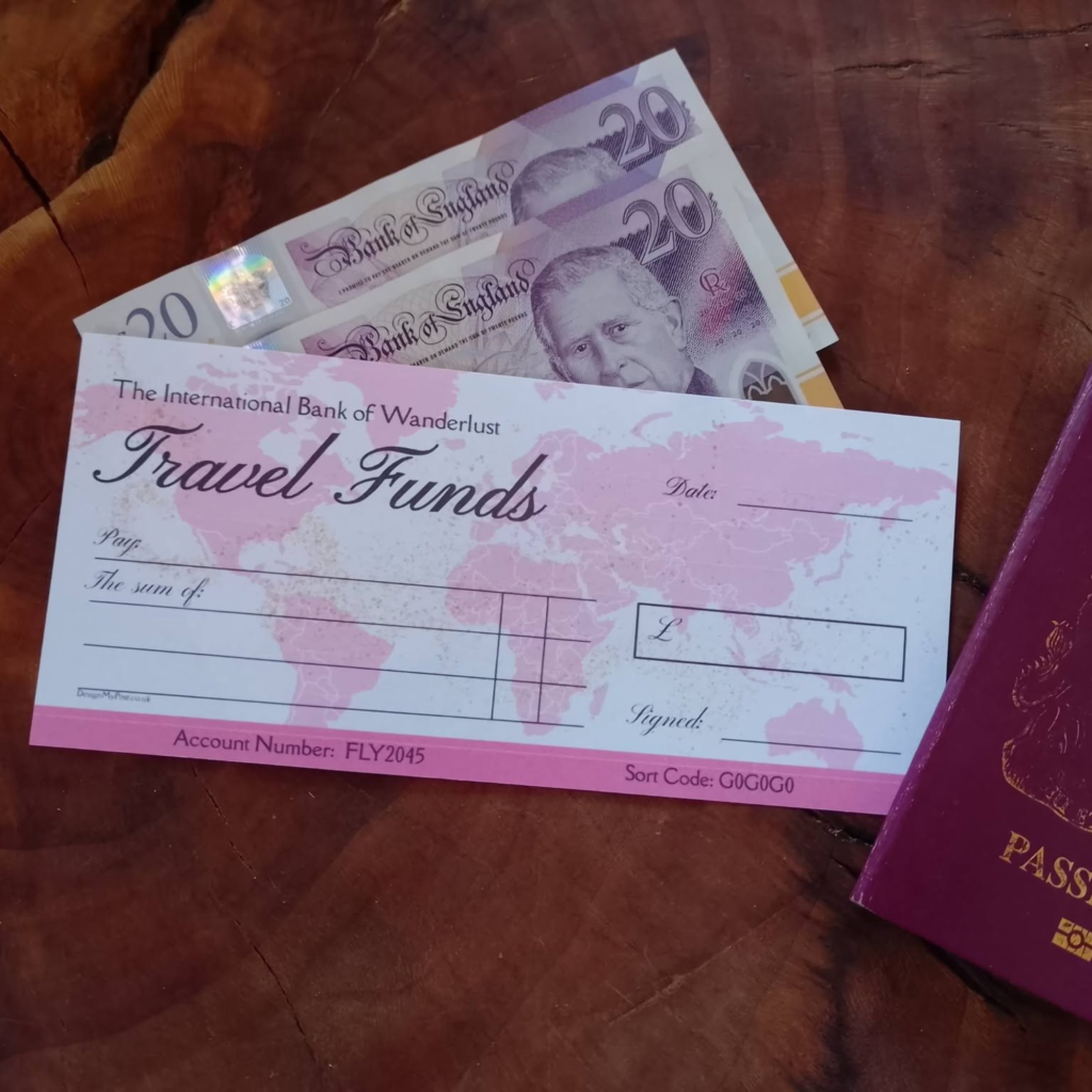 Travel Funds Cheque in pink