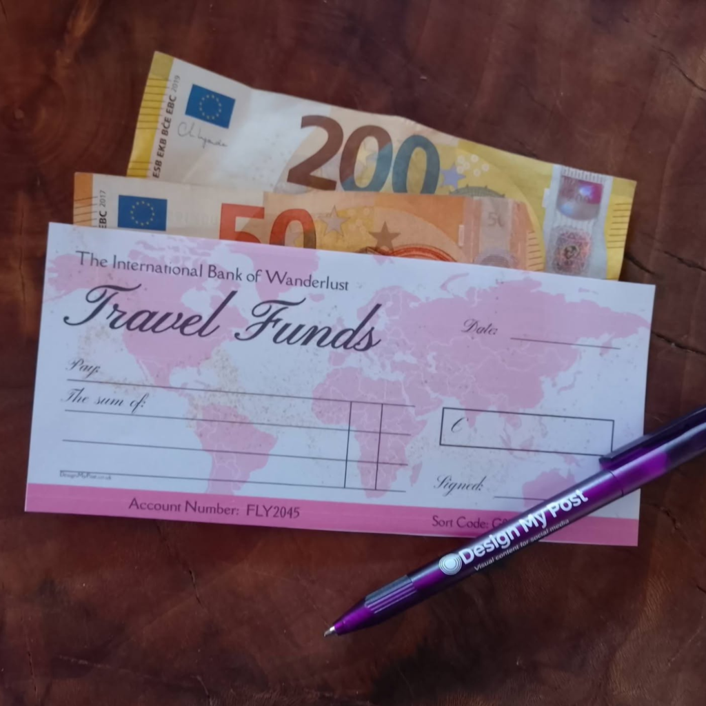 Pink Travel Funds Cheque in euros