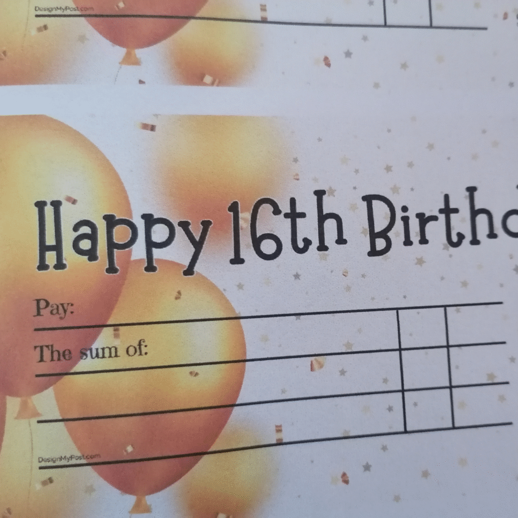 16th Birthday cheque